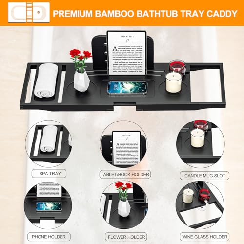 Banlilu Premium Bathtub Caddy Tray - Bath Tray - Bath Tub Tray Table for Bathtub - Bath Caddy Tray for Bathtub, Expandable Size, Fits Most Bath Tubs - color: Black(bamboo Wood)