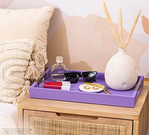 Modern Elegant 17.5"x12" Rectangle Purple Lavender Shagreen Faux Leather Decorative Tray Ottoman Coffee Table Perfume Living Room Kitchen Serving Tray with Silver Metal Handles by Home Redefined - color: Lavender/Silver