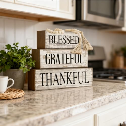 4 Pcs Farmhouse Wooden Tabletop Decor Neutral Farmhouse Tiered Tray Decor Rustic Retro Wood Bead Garland Blessed Grateful Thankful Block Sign Centerpiece for Coffee Home Office Shelf Mantle Table - style: Blessed