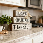 4 Pcs Farmhouse Wooden Tabletop Decor Neutral Farmhouse Tiered Tray Decor Rustic Retro Wood Bead Garland Blessed Grateful Thankful Block Sign Centerpiece for Coffee Home Office Shelf Mantle Table - style: Blessed