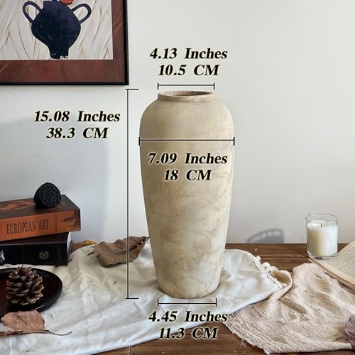15 Inch Farmhouse Decor Ceramic Rustic Vase,Beige Handmade Flower Vases for Centerpieces,Pottery Vase for Living Room,Kitchen & Bedroom Decor,Vintage Ceramic Vases for Wedding - color: Beige, size: Large