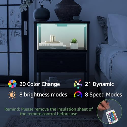 BOLUO Black Nightstand with Charging Station, LED Night Stand with Fabric Drawers and Shelf, Bedside Table with USB Ports and Outlets, Bedroom Nightstand Modern - color: B.black