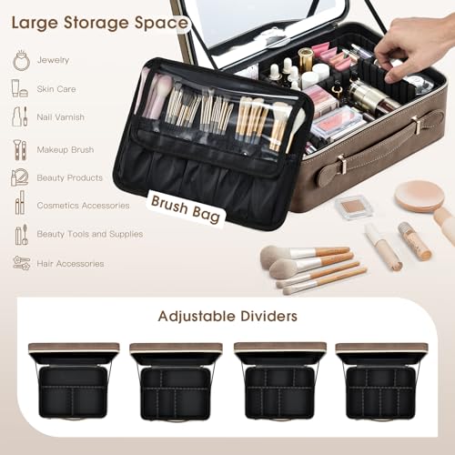 Faquenc Makeup Case with LED Lighted Mirror 11.4 Inch Travel Makeup Bag Adjustable Brightness in 3 Colors Cosmetic Organizer Artist Storage Bag with Dividers Brush Holder Bag Vanity Grey - color: WA-Vintage Brown 11.4 Inch, size: 2-Medium