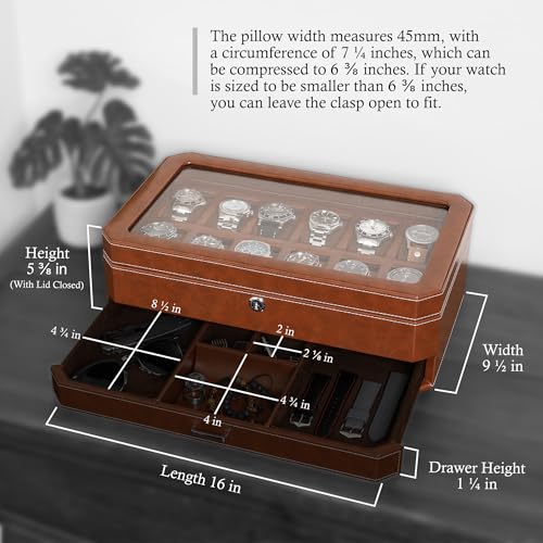 ROTHWELL 12 Slot Leather Watch Box with Valet Drawer - 12 Slot Luxury Watch Case Display Organizer, Microsuede Liner, Mens Accessories Holder, Jewelry Case, Jewelry Display Organizer (Tan/Brown) - color: Tan / Brown
