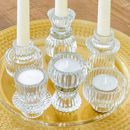Kate Aspen Vintage Ribbed Glass Black Candlestick Holders, Pillar Candle, Tealight & Votive Candle Holders (Set of 6, 3 Assorted Sizes), Dining Table Decor, Shelf Decor, Centerpiece - color: Clear
