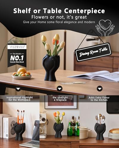 8" Heart Hand Black Ceramic Vase - Unique Modern Aesthetic Flowers Vase for Living Room Bedroom Office Kitchen Table Centerpiece or Shelf Decor-Gifts for Wedding Bridal Shower Women Mom (Black) - color: Black