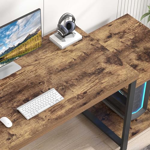 FOLUBAN Large Computer Desk for Home Office with Printer Space, Wood Study Gaming Workstation Table with Storage Shelves, Long Writing Desk for Bedroom Living Room, Rustic Brown, 63 Inch - color: Brown