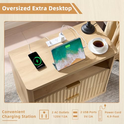 LEYAOYAO 31" Wide Fluted Nightstand with Charging Station, Oversized Extra Large 2 Drawers Night Stand,Natural Wood Bedside Table,Tall Bed Side End Tables,Modern Chest of Drawers Dressers for Bedroom - color: Natural, size: 2 Drawers