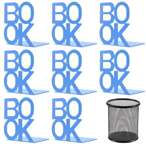 Book Ends - Decorative Metal Book Ends Supports for Bookrack Desk,Books, Unique Appearance Design,Heavy Duty (Blue, 4 Pair) - color: Blue, size: 4 pair