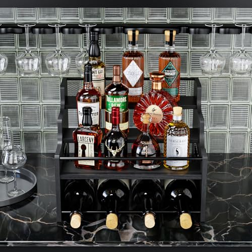 KLM 4-Tier Wood Display Shelf, Black Modern Bottle Organizer, Countertop Bar Stand for Liquor, Coffee Syrup, (Black) - color: Black