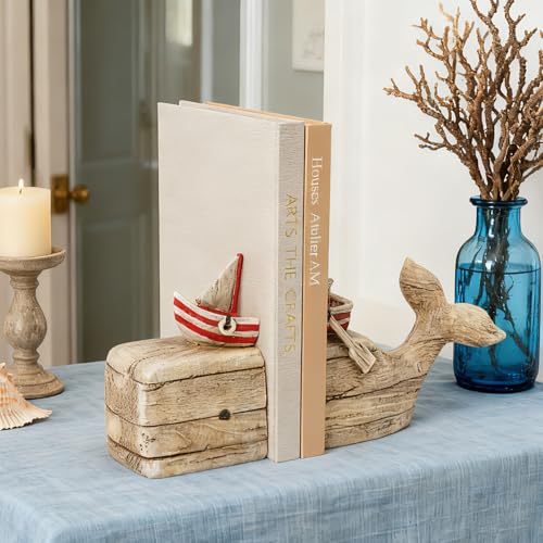 Guichifun Whale Decorative Bookends Book Holder - Distressed Finish Resin Cute Bookend Set with Sailboat Nautical Book Shelf Decor for Living Room Office Home Decoration Gift 11.8 X 3.9 X 6.5 inch - color: Wood