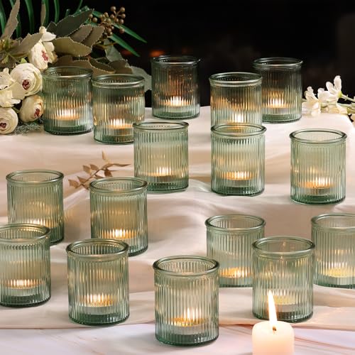 NITIME 32Pcs Ribbed Green Votive Candle Holders, Tea Light Candle Holders Glass for Table Centerpiece, Green Candle Holders for Wedding, Bridal Shower and Tea Party Decorations - color: Green