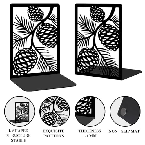 2 Pcs Decorative Metal Bookends, Pinecone Design Book Ends for Shelves Black Heavy Duty Book Stopper Suitable for Home Office School - style: Pinecone