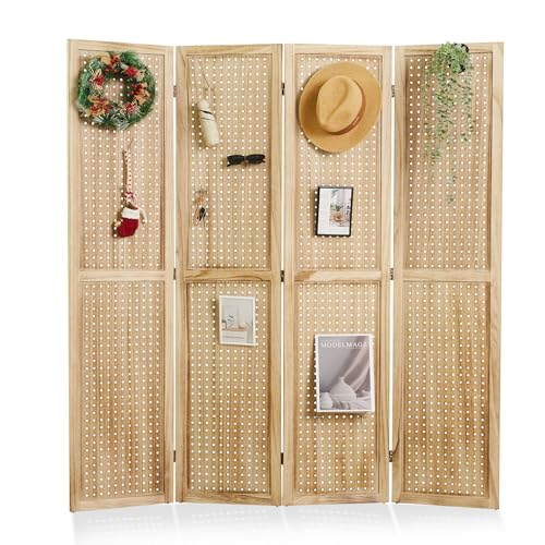 Pegboard Display, 5.6Ft Wooden Room Divider Folding Privacy Screens Portable Freestanding Wall Organizer for Retail Craft Art Display Board (4panels, Natural) - color: Natural, size: 4 Panels