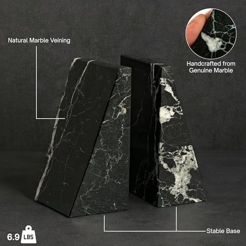 Bey-Berk Whitney Zebra Marble Bookends (Black, Set of 2), 4" x 2.5" x 6" Heavy Wedge Book Ends for Desk, Shelf, or Office - color: Black