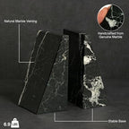 Bey-Berk Whitney Zebra Marble Bookends (Black, Set of 2), 4" x 2.5" x 6" Heavy Wedge Book Ends for Desk, Shelf, or Office - color: Black