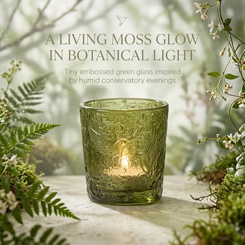 12 Pack Hummingbird Embossed Glass Candle Holders – Votive Tealight Holders with Patent Design, Decorative Embossed Glass Cups for Wedding Centerpieces, Parties, and Home Décor (Moss Green) - color: Moss Green