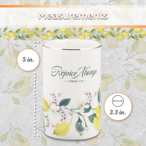 Christian Art Gifts Small White Ceramic Table Vase for Flowers & Plants: Rejoice Always Inspirational Scripture Home Décor, Kitchen, Bathroom, Living Room, Yellow Lemon, Green Leaves & Gold, 5" x 3.2"