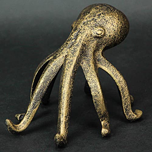 Pair of Antique Gold Cast Iron Octopus Bookends - Nautical or Coastal Decorative Home Decor and Organizational Accent - 6.25 Inches Long - Beach Themed - color: Octopus - Gold Pair