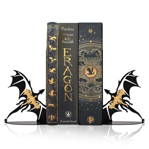 Metal Dragon Bookends Stoppers Holder Stand for Desk Shelf Cool Dragon Bookends Decorative, Fantasy Dragon Bookends for Bookshelf Decor Dragon Lovers - color: Gold