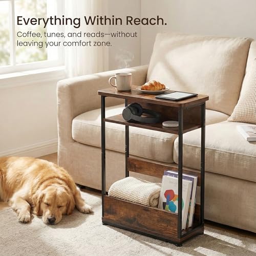 Narrow Side Table,3-Tier Slim End Table with Storage Shelf,Modern Sofa Table Thin Side Table for Narrow and Small Spaces, Skinny Bedside Table Small Nightstand with Magazine Rack Space Saving/Brown - color: Rustci Brown