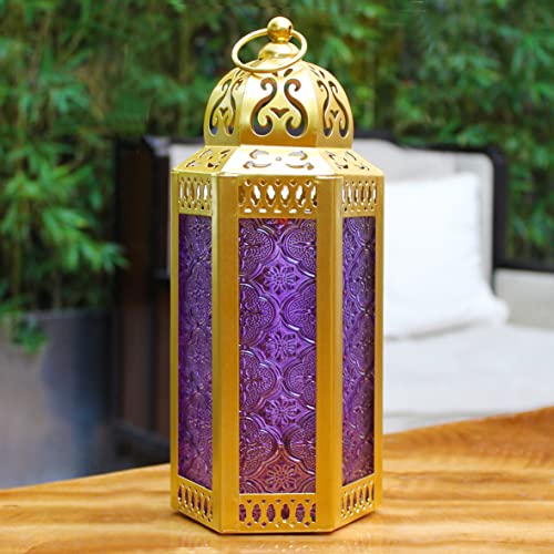 CVHOMEDECO. Decorative Candle Lantern Moroccan Lanterns Vintage Golden Metal Lantern Holder for Home Patio Outdoor Decor. Purple Glass, Medium - color: Purple G