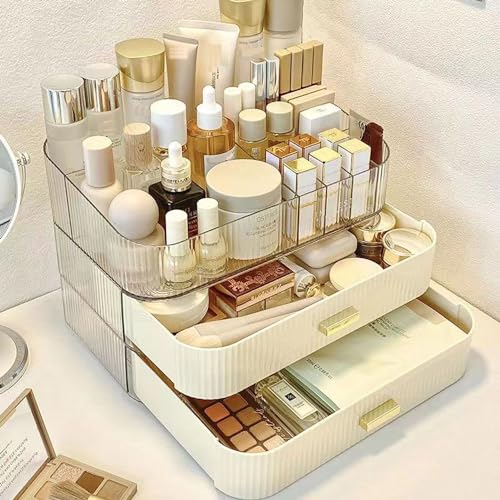 MIUOPUR Makeup Organizer with Stackable Drawers, Bathroom Vanity Organizers and Storage, Ideal for Desk and Dresser Countertops, Great for Cosmetics, skincare, Lipsticks, Nail Care -Cream - color: Cream, size: Tray and Drawer