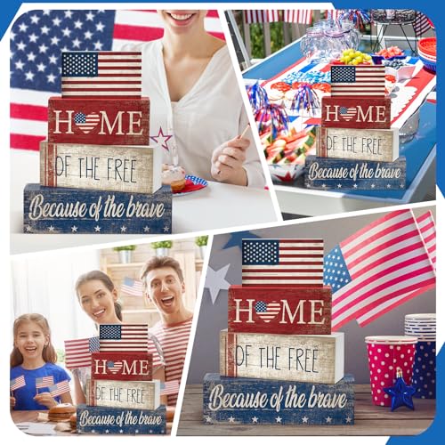 CroBlissful 4 Pcs Memorial Day Decorations Patriotic 4th of July Tabletop Decor Red White Blue Table Centerpieces Wood Block God Bless Sign for Tiered Tray Home Shelf Mantel - style: Flag