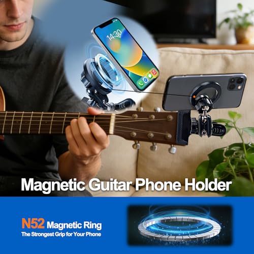 Guitar Phone Holder Magnetic Grip 360° Adjustable Phone Stand Sturdy Headstock Cell Phone Mount for Recording & Reading Music for Guitar, Ukulele, Bass, Desk for iPhone, Samsung, etc. Black