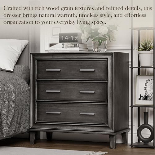 LONYKE Modern Nightstand 3 Drawer Wood Dresser with Metal Handles, Accent Bedside Table Storage Organizer, Vintage Mid-Century Table with Dark Finish, Black