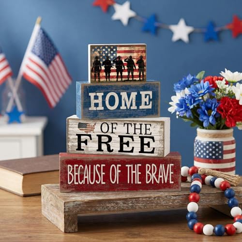 4 Pcs Patriotic Memorial Day Decorations 4th of July Tabletop Decorations Red White Blue Table Centerpieces Fourth of July Wooden Sign for Office Tiered Tray Home Shelf 250th Anniversary - style: Memorial Day