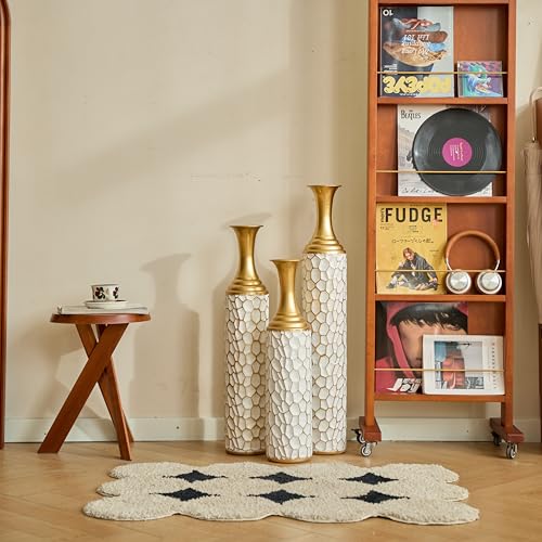 Floor Vases, Tall Home Decor Metal Vase Set of 3 Large Glazed Decorative Vases for Wedding Decor, Elegant Modern Flower Holder for Living Room, Entryway, Hallway, Dining Room - color: Oval White Gold