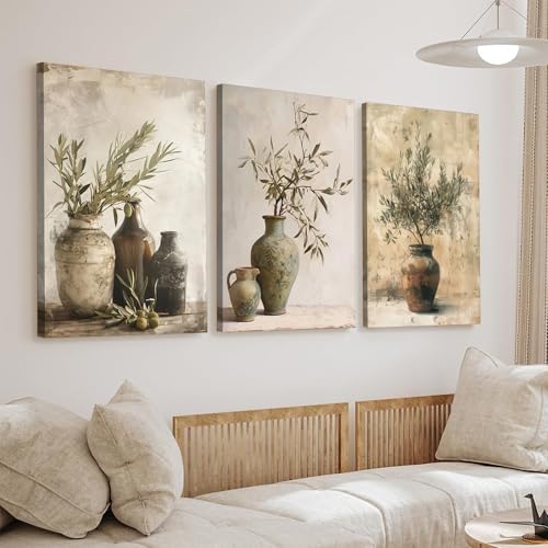 Vintage Vase Canvas Wall Art Prints Green Rustic Olive Branch Wall Decor Pictures Antique Still Life Plant Posters Paintings Artwork for Living Room Bedroom Kitchen Home Decoration 16x24in framed - color: canvas, size: 24L" x 16W"