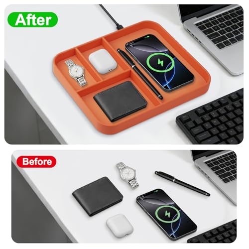 VOVIPO Faux Leather Valet Tray,with 2 in 1 Wireless Charging Compitable With iPhone/17/16/15/15 Plus/15 Pro/15 Pro Max/14/13/12/Wireless earphones,Office/Home Desk Organizers Tray-Orange - color: Orange