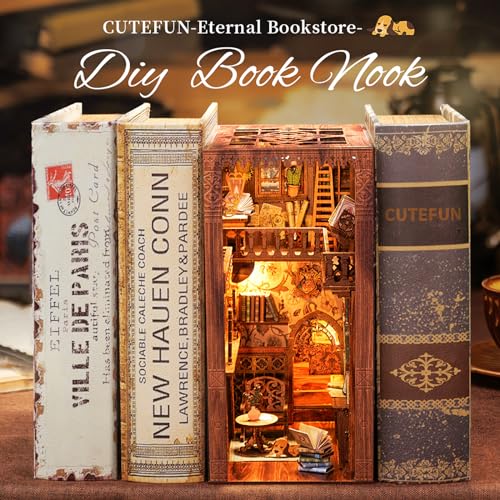 Cutefun Book Nook Kit Library, DIY Miniature Booknook Kit for Adults, 3D Wooden Puzzle Bookend Bookshelf Decor with LED Light & Dust Cover Christmas Crafts Gifts for Book Lovers (Eternal Bookstore) - style: Eternal Bookstore