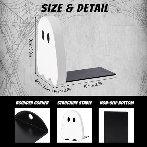 JarThenaAMCS 2Pcs Halloween Wood Bookends White Ghost Shape Wooden Book Stands Cute Ghost Non Skid Book Stoppers for Heavy Books Home School Office Library