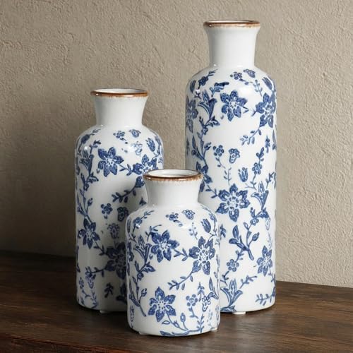 Ceramic Vase Set of 3, Vintage Ceramic Flower Vases, Crackle-Glaze & Distressed Rim, Blue Botanical Pattern, for Home Decor, Living Room Mantel & Dining Table Centerpiece - color: Blue