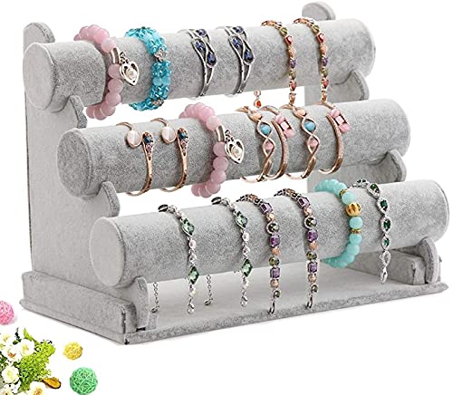Wudygirl Triple Bracelet Holder Velvet Jewelry Display Stand Watch Bangle Bar Necklace Storage Organizer Gray (Ice Velvet 3 Tier) - color: Gray, size: L