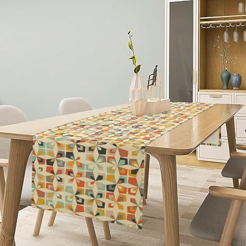 Geometric Vintage Art Table Runner,Mid Century Modern Pattern Colorful Retro Shapes Forms Table Runners for Kitchen Dining Table Home Party Decor 13x36in - color: Beige-orange, size: 13x36in