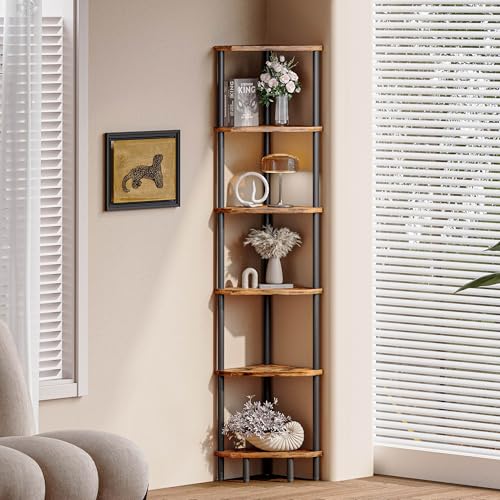 6 Tier Corner Shelf, 66.5'' Tall Standing Shelf, Narrow Display Shelf Stand, Modern Corner Bookshelf, Plant Stand, Corner Bookcase for Living Room, Bedroom, Bathroom, Rustic Brown LCS502R - color: Rustic Brown