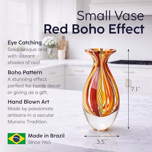 Ca D Oro Small Glass Vase Boho with Red/Yellow Canes Hand Blown Murano-Style Art Glass - Model Nº 2 - color: Small Red Model 2