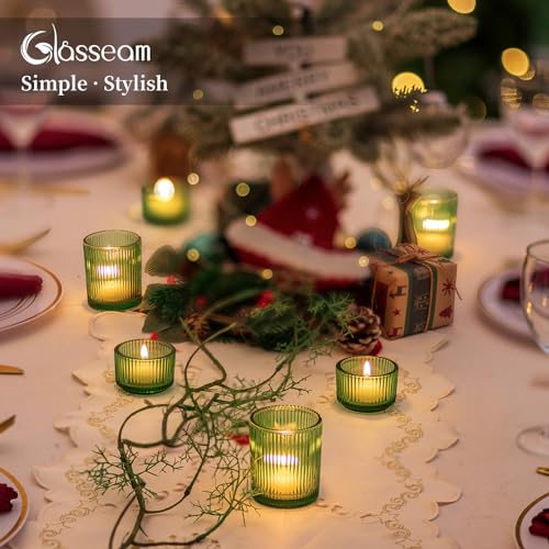 Glass Votive Tealight Candle Holder: Glasseam Small Green Tea Light Holders Set of 8 Decorative Ribbed Tea Lights Holder for Table Centerpiece Wedding Christmas Dining Room Decor - color: Green