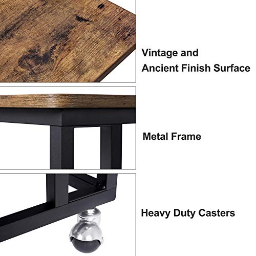 VASAGLE End Table, C Shaped TV Tray with Metal Frame Rolling Casters, Industrial Side Table for Living Room Bedroom, 19.7 x 13.8 x 23.6 Inches, Rustic Brown and Black - color: Rustic Brown + Black
