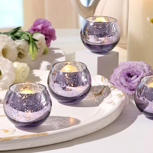 Volens Round Purple Votive Candle Holders Set of 12, Purple Wedding Centerpiece Table Decorations, Mercury Glass Tealight Candle Holder for Bridal Shower, Baby Shower & Home Decor - color: Purple