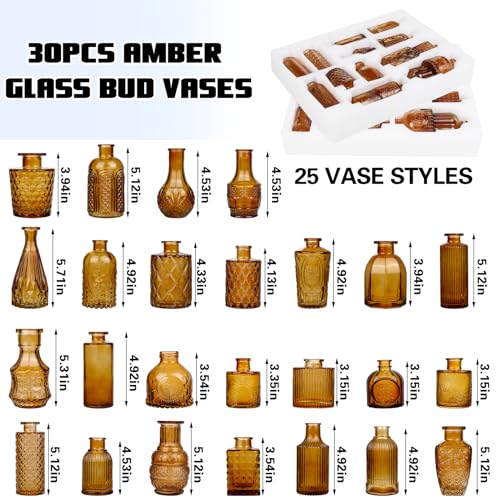 Bud Vase Set of 30 in Bulk Amber Glass Bud Vase 30 Pack Bud Vases for Centerpieces Vintage Amber Mini Flower Vases for Home Centerpieces Wedding Decorations