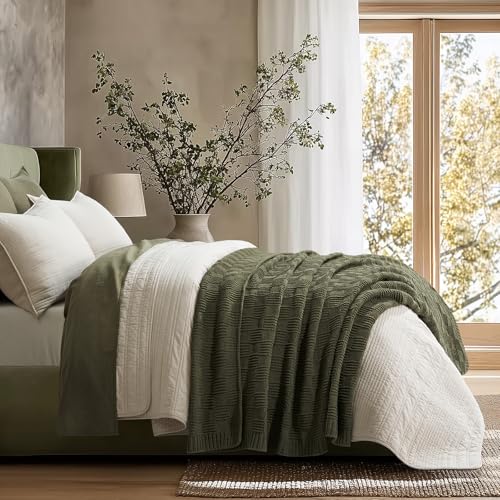 EVERGRACEHOME Modern Checkered Chenille Throw Blanket, Soft Cozy Plaid Knitted Chair Blanket for Sofa Couch, Decorative Knit Throw for Bed and Living Room, Olive Green, 50" x 60" - color: Checkered Olive Green, size: 50" x 60"