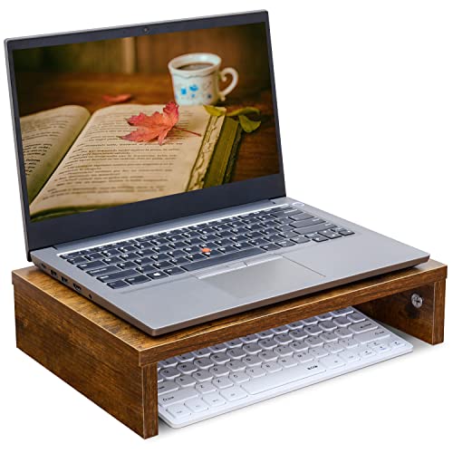 TEAMIX 14.2 inch Monitor Stand Riser, Rustic Brown Wood Monitor Riser with Storage for Desk Small Monitor Stand TV/Screen/PC/Laptop Riser Computer Stand Desktop Shelf (Brown-14.2 inch)