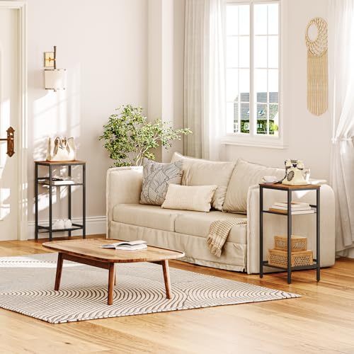 HOOBRO Side Table, 3-Tier Tall End Telephone Table with Adjustable Mesh Shelves, Small Entry Table for Living Room Bedroom Hallway or Office, Rustic Brown and Black BF01DH01G1 - color: Rustic Brown + Black