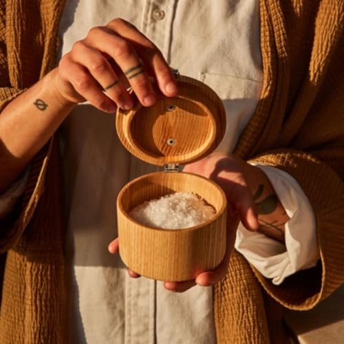 Holcomb Stash Salt Cellar – Handcrafted Ash Wood Salt Box with Lid & Metal Accent Elegant Countertop Luxury Salt Holder for Sea Salt, Spices Modern Kitchen Essentials, Home Decor Hostess Gifts