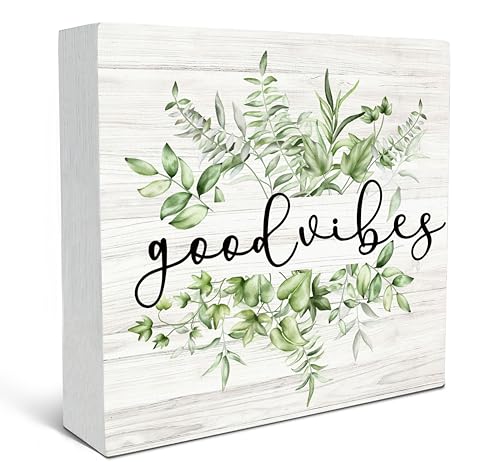 SRADMO Inspirational Botanical Eucalyptus Leaves Wood Box Sign Desk Decor, Green Rustic Eucalyptus Leaves Wooden Block Box Sign Decor for Home Office Shelf Table Decorative Accessories - color: green, size: 5″×5″